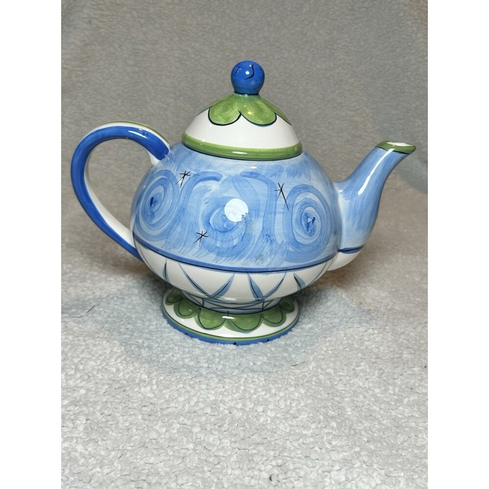 1998 Julia Junkin / Enesco Lidded Teapot Blue Floral  EUC